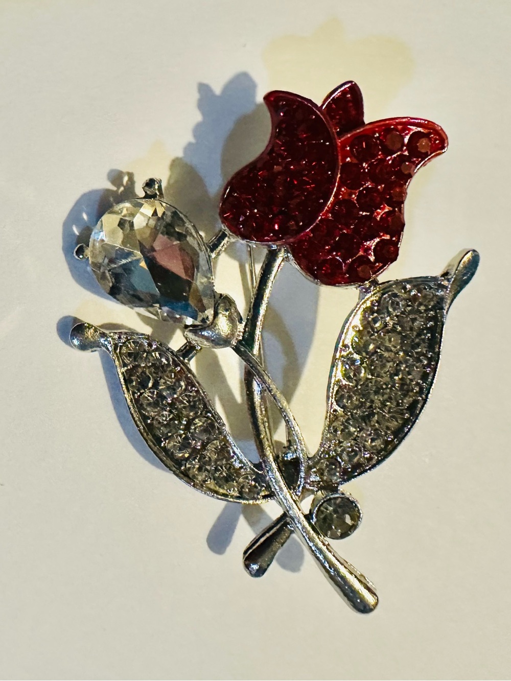 Red Crystal Flower Brooch Pin Silver Tone